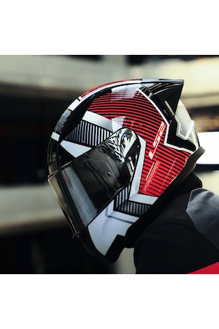 Gri Cam + Ls2 Rapid 2 Race Extra Kask Beyaz - Kırmızı