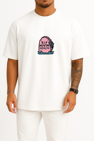 Bahriyeli Collection Oversize Mental Sağlığım Mekanı Cennet Olsun Göğüs Baskılı Unisex T-shirt Beyaz