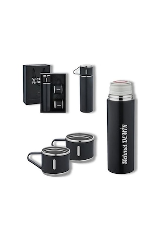 İsime Kişiye Özel Hediye 3 Bardaklı Paslanmaz Çelik Vakumlu Kahve Sıcak Soğuk Kamp Termos Seti Siyah Gri