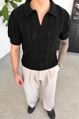 Siyah Striped Knitwear Relaxed Triko Polo Yaka Tişört Siyah