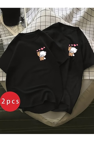 Nevermind Sevgili Kombini Ayıcık Kalp Baskılı Çift Tişört Oversize Unisex P Siyah
