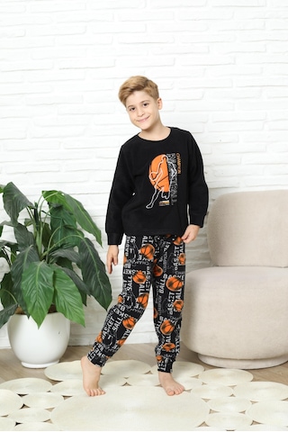 Yeni Stil Sonbahar/kış Erkek Çocuk Basketball Desenli Polar Pijama Takımı 4562 Siyah