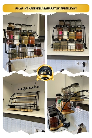 Dolap İçi Hareketli Baharatlık Düzenleyici Metal Baharatlık Stand Siyah