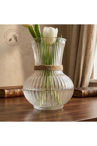 Pure Model El Yapımı Üfleme Cam Küçük Vazo - Şeffaf Optikli Dekoratif Çiçeklik 13x7 Cm