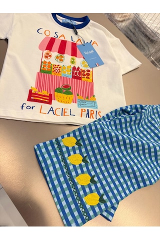 Magu Kız Çocuk Pamuklu Baskılı T-shirt Limon Nakışlı Pantolon Takım Çok Renkli