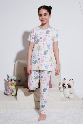 Lela % 100 Pamuk Bisiklet Yaka Kısa Kollu Kız Çocuk Pijama Takımı 6651004 Ekru