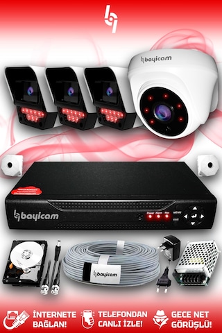Bayicam 4 Kameralı Süper 1 İç Kamera Set 320 GB 5 MP 2K Net Gece Görüşlü Güvenlik Kamerası Sistemi
