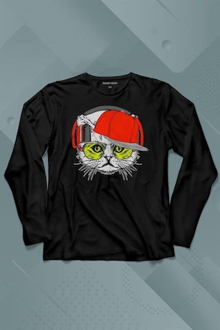 Cat Glasses Gözlüklü Kırmızı Kedi Uzun Kollu Tişört Baskılı Çocuk T-shirt 001