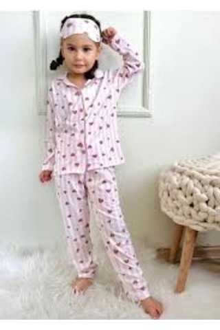 Kız Çocuk Pembe Beyaz Renkli Kalp Desenli Uyku Bandı Dahil Pijama Takımı. Beyaz