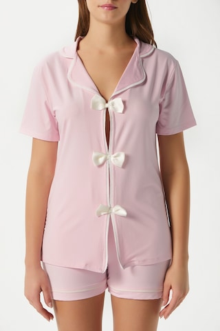 Ritnice Kadın Violet Pembe Şortlu Fiyonklu Alt Üst Pijama Takımı