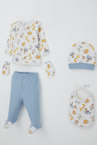 Breeze Erkek Bebek Hastane Çıkışı 5 Li Safari Macerası Sevimli Hayvancıklar Desenli 0-3 Ay, Beyaz Beyaz