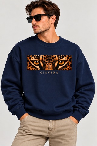 Gıovera Leopard Eyes Premium Oversize Erkek Sweatshirt %100 Pamuk Lacivert