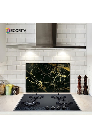 Decorıta Cam Ocak Arkası Koruyucu | Altın Çizgili Mermer