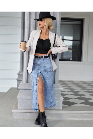 Pass&pass 2102-etk Kadın Likralı Önden Düğmeli Jeans Kot Denim Uzun Etek Kar Çok Renkli