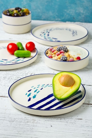 Kevin Seramik Hand Made 14 Parça 6 Kişilik Marin Kahvaltı Takımı Beyaz - Mavi