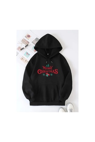 Veraura Lifestyle Yılbaşı Merry Christmas Baskılı Oversize Kapüşonlu Sweatshirt Hoodie - Siyah