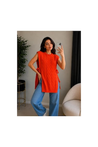 Hira Life Fashion Kadın Bisiklet Yaka Yanları Açık Bağcıklı Oversize Triko Süveter Turuncu Turuncu