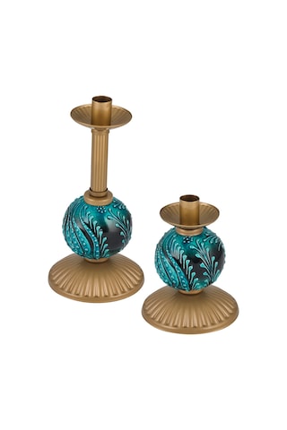 DEDE İKİLİ YEŞİL ÇİNİLİ MUMLUK ESKİTME DEKORATİF OBJE