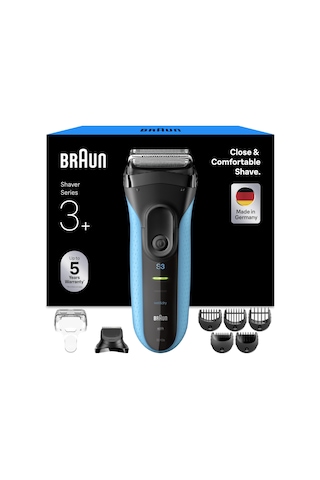 Braun Series 3+ Erkek Elektrikli Tıraş Makinesi, 3 Esnek Bıçaklı Elektrikli Tıraş Makinesi, Almanya'da Üretilmiş Tıraş Makinesi, Sakal Kesme Aparatı, +5 Tarak Aparatı, Islak Ve Kuru Tıraş Makinesi, 3010bt, Mavi
