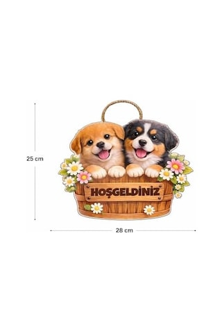28-25 Cm Hoş Geldin Köpek Çiçek Dekorlu Ahşap Kapı Süsü, Kapı Bahçe Önü Süsü