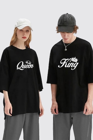 Unisex Kadın Erkek King Queen Baskılı Sevgili Çift Kombini Tasarım Oversize T-shirt 2'li Set Siyah Mck1951 Siyah