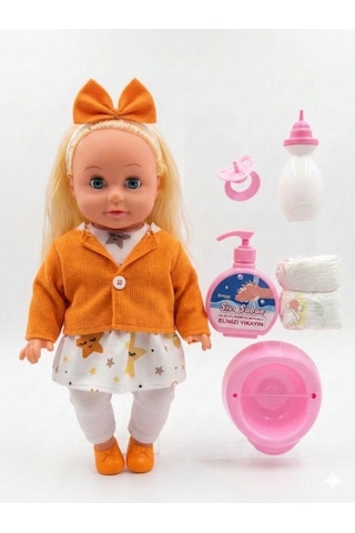 Mila Altını Islatan Konuşan 34 Cm Bebek Bakımı Eğitici Aksesuarlı Oyun Seti Turuncu