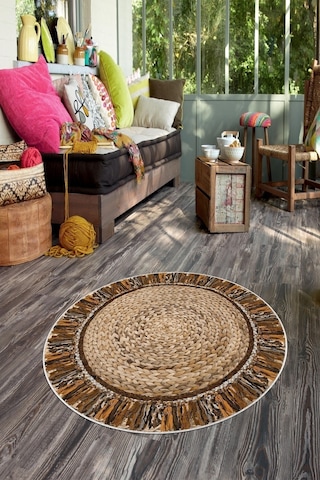 West Home Dijital Baskı Yıkanabilir Kaymaz Taban Yuvarlak Dekoratif Halı Wh 193 Beige