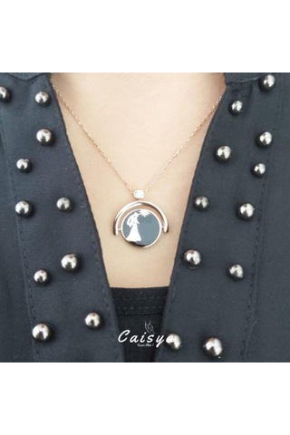 Çift Yönlü Siyah Gelin Damat Teklif Gümüş Kolye-Rose Gold