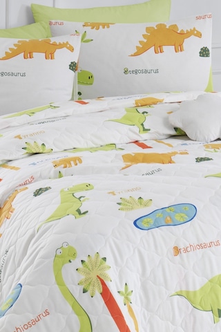 Eponj Home Enlora %100 Doğal Pamuk Kapitoneli Yatak Örtüsü Seti Çift Kişilik Dinolar Beyaz