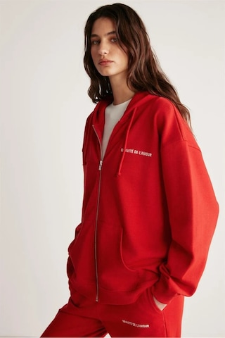Grimelange Ametıs Kadın Oversize Organik Pamuklu Metal Fermuarlı Kapüşonlu Kırmızı Sweatshirt