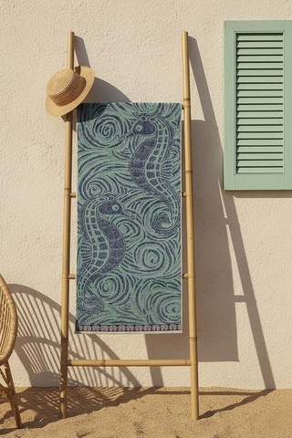 Turkuaz & Siyah Şeritli Poseidon %100 Pamuklu Plaj Havlusu 70x140 Cm Mavi
