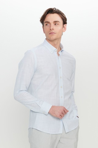 Ac Sports Erkek Mavı %100 Pamuk Slim Fit Düğmeli Yaka Armürlü Flamlı Gömlek Mavı