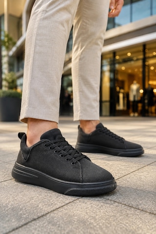 Mevese Ont Bağcıklı Keten Dokulu Hafif Taban Erkek Günlük Casual Sneaker Ayakkabı - Siyah