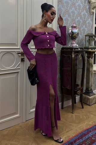 Madonna Yaka Derin Yırtmaç Etekli Şık Triko Takım 10099 Mürdüm