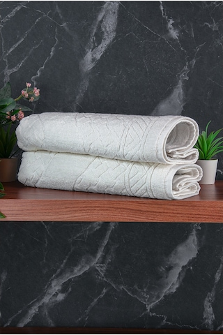 Ayak İzi Desenli 2li Ayak Havlusu - 50x70 Cm - Su Emici Banyo Paspası Seti - Beyaz Beyaz