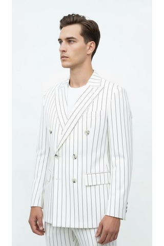 Plus Scorpion Beyaz Çizgili Erkek Kruvaze Blazer Ceket İtalyan Kesim, Modern Ve Zarif Şıklık Beyaz
