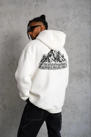 Barlashive Erkek Nihilist Penguen Baskılı 3 İplik Pamuklu Kapüşonlu Sweatshirt Hoodie Beyaz Çok Renkli