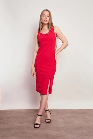 Likralı Krep Kumaş Ön Arka V Yaka Kolsuz Önden Yırtmaçlı Diz Altı Elbise-fujya Fujya