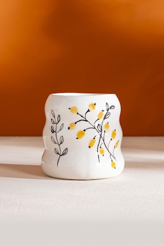 Rivaistanbul Sarı Çiçekler Amore El Yapımı Seramik Double Kahve Bardağı Mug Kupa Krem
