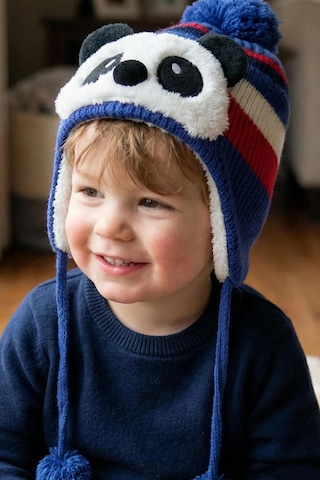 Bay Şapkacı - Sevimli Panda Tasarımlı Unisex Çocuk Kışlık Bere - 5900 Mavi