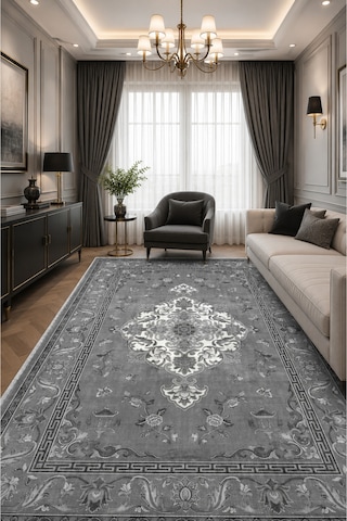 Gri Antrasit Klasik Madalyon Desenli Dekoratif Salon Halısı 3044-4