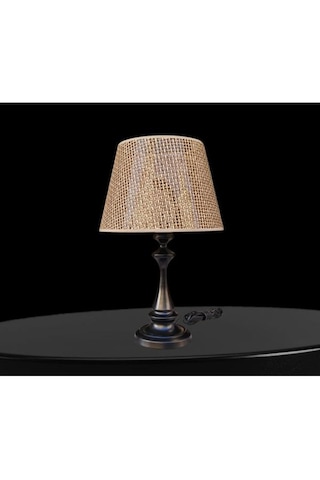 Faro Abajur Siyah Metal Gövdeli Rattan Kahverengi Şapkalı Koyu Siyah
