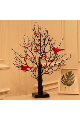Geeroyoo Led Aydınlatmalı Kırmızı Kuş Ve Meyve Desenli Orman Dekorasyon Lambası - Noel, Yılbaşı, Partiler İçin Isıklı Ambiyans Oluşturucu Tahtaüstü Dekoratif Işık Kırmızı