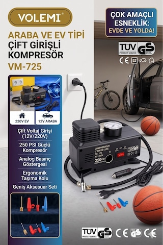 Volemi Vm-725 Çift Girişli 12v/220v 250 Psı Ev Ve Araç Uyumlu Hava Kompresörü Lastik Şişirme Pompası