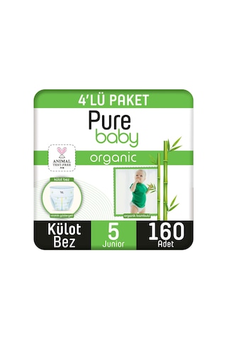 Pure Baby Organik Bambu Özlü Külot Bez 5 Numara Junior 4 x 160 Adet 4'lü