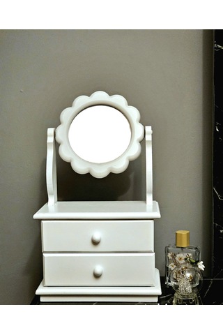 Çiçek Model Ahşap Hareketli Aynalı Beyaz Takı Makyaj Organizeri