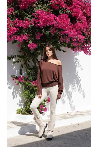 Kadın Kayık Yaka Bluz Sweat Kahverengi