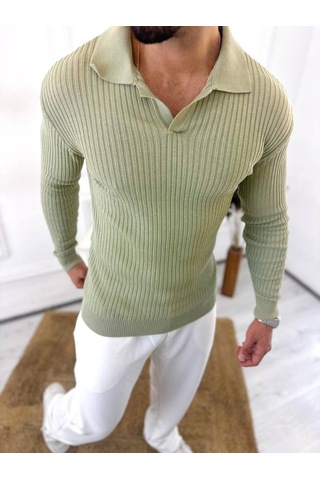 Elku Moda Kazak Slim Fit Polo Yaka Fitilli Yumuşak Dokulu Tüylenmez Sweatshirt Yeşil
