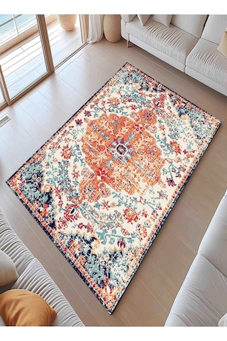 Vintage Desen Turuncu Mavi Renk Modern Halı Dekoratif Kilim Turuncu