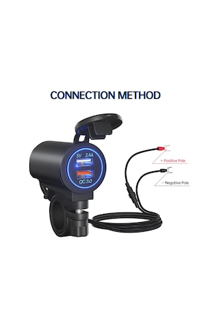 Maiyame Siyah Ip65 Su Geçirmez Usb Şarj Cihazı - Qc3.0 Hızlı Şarj + Normal Usb, M1 Anahtarlı Tutucu, Mavi Işık, 12-24v Dc